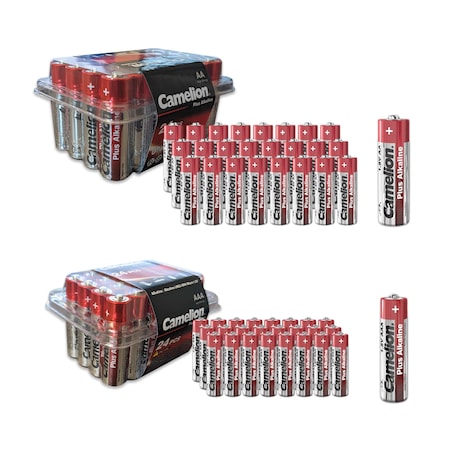 Camelion AAA 1.5V  Plus Alkaline Plastic Tub + AA 1.5V Plastic Tub AAA 24pk + AA 24pk, 48PK LR03-PB24+LR06-PB24-CB